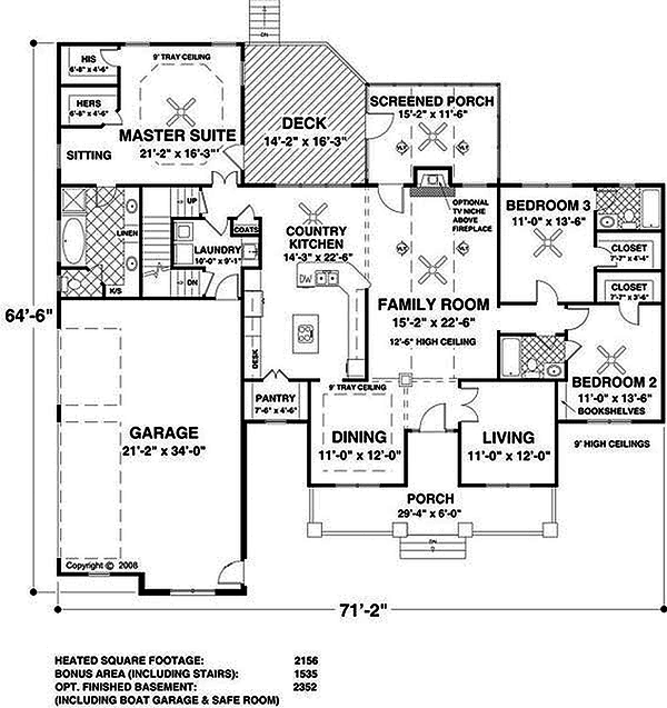 Southern style, country designed house plan, main level floor plan