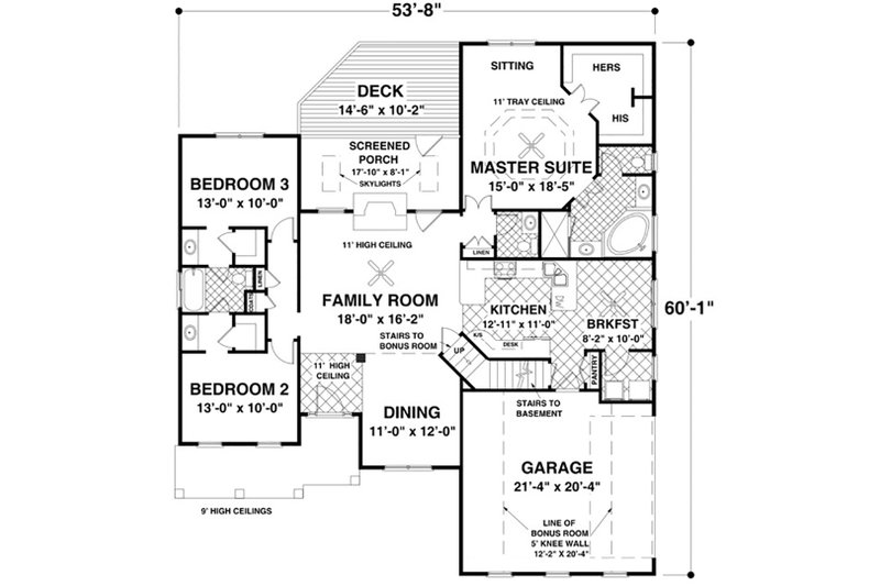House Blueprint - Floor Plan - Main Floor for Southern House Plan #56-632 - 3 bed, 2 bath