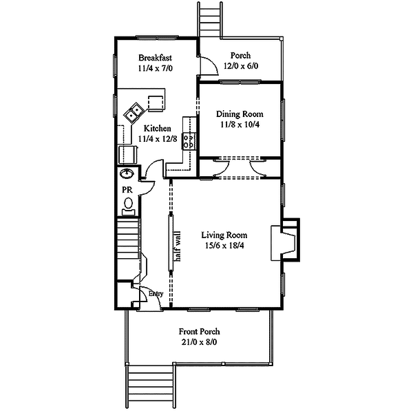 Southern style house plan, main level floorplan