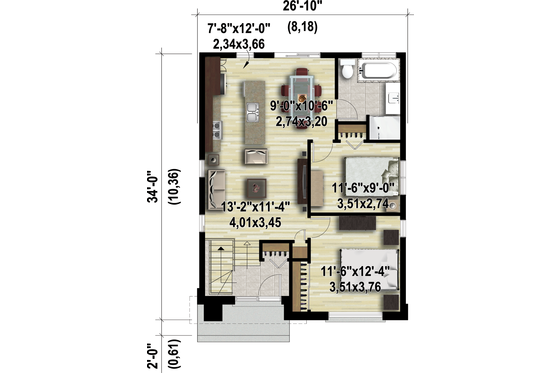 Floor Plan - Main Floor 1 for Contemporary House Plan #25-4325 - 2 bed, 1 bath