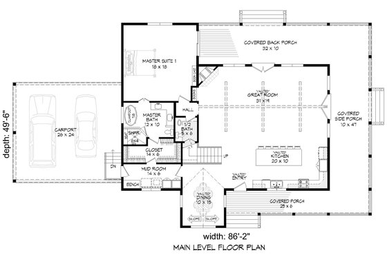 Floor Plan - Main Floor for Farmhouse House Plan #932-563 - 3 bed, 2.5 bath