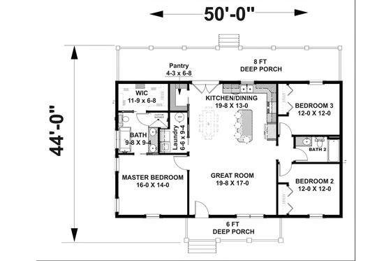 Floor Plan - Main Floor for Cottage House Plan #44-247 - 3 bed, 2 bath