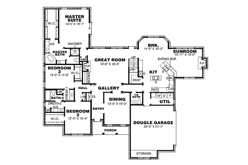 Architectural House Design - Floor Plan - Main Floor for Traditional House Plan #34-241 - 3 bed, 2.5 bath