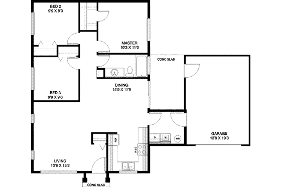 Floor Plan - Main Floor for Ranch House Plan #60-430 - 3 bed, 1 bath