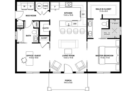 Floor Plan - Main Floor for Farmhouse House Plan #126-236 - 2 bed, 2 bath