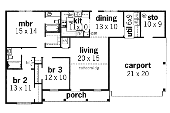 Floor Plan - Main Floor for Ranch House Plan #45-108 - 3 bed, 2 bath