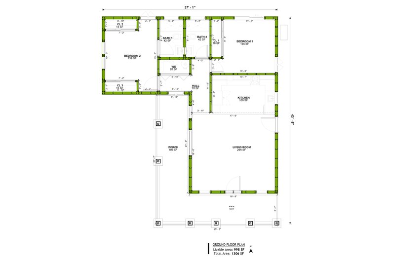 House Blueprint - Floor Plan - Main Floor for Craftsman House Plan #1106-54 - 2 bed, 2 bath