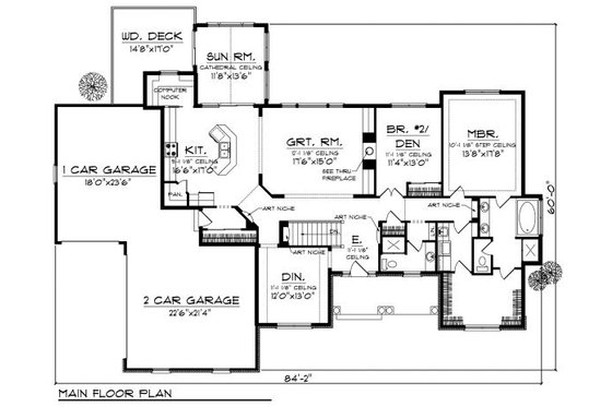 Floor Plan - Main Floor for Craftsman House Plan #70-873 - 2 bed, 1.5 bath