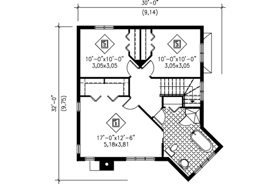 Floor Plan - Upper Floor for European House Plan #25-4200 - 3 bed, 1.5 bath
