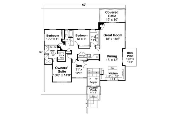 Floor Plan - Main Floor for Prairie House Plan #124-1203 - 3 bed, 3 bath