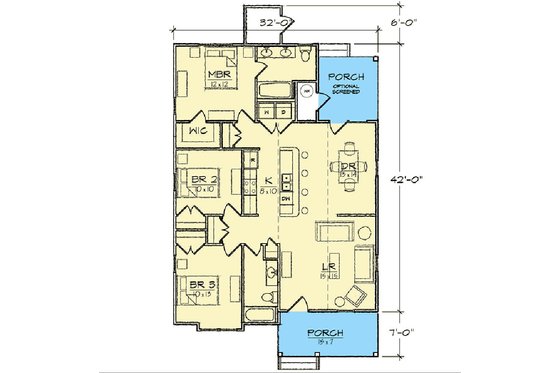 Floor Plan - Main Floor for Bungalow House Plan #936-30 - 3 bed, 2 bath