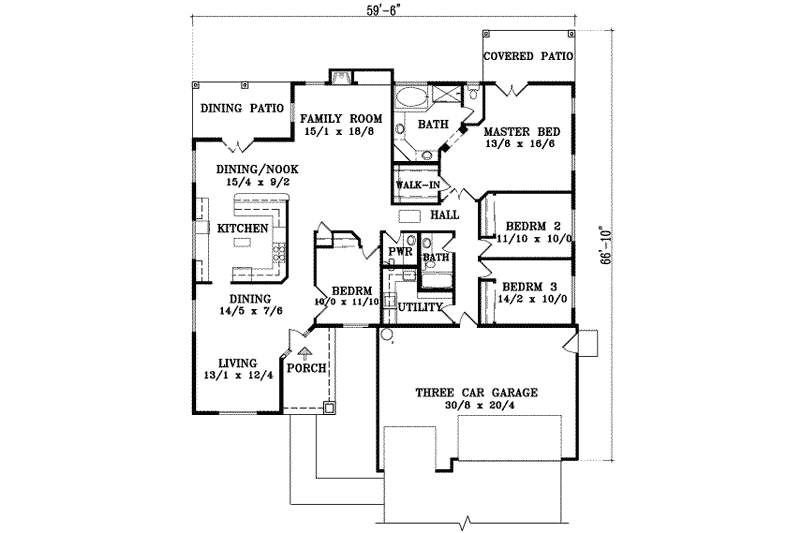 House Blueprint - Floor Plan - Main Floor for Adobe / Southwestern House Plan #1-1454 - 3 bed, 2.5 bath