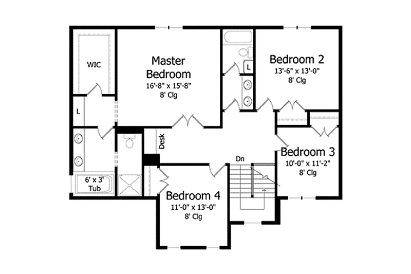Architectural House Design - Floor Plan - Upper Floor for Colonial House Plan #51-1002 - 4 bed, 2.5 bath