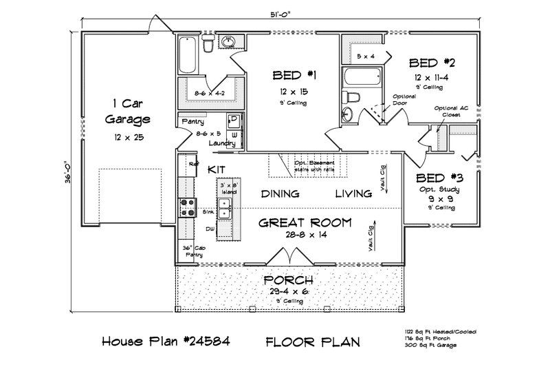 Architectural House Design - Floor Plan - Main Floor for Farmhouse House Plan #513-2377 - 3 bed, 2 bath
