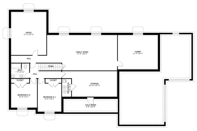 House Blueprint - Floor Plan - Lower Floor for Ranch House Plan #1060-170 - 3 bed, 2 bath