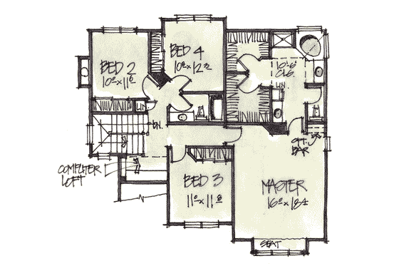 Floor Plan - Upper Floor for European House Plan #20-251 - 4 bed, 2.5 bath