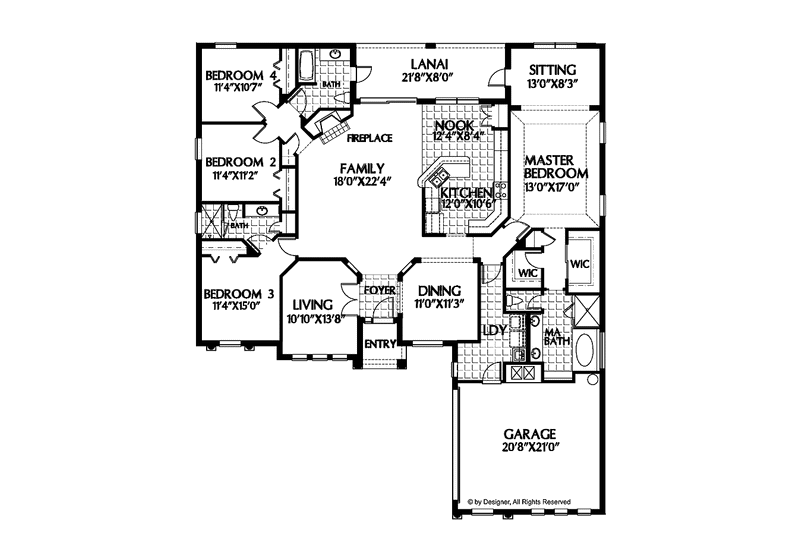 House Blueprint - Floor Plan - Main Floor for Mediterranean House Plan #999-36 - 4 bed, 3 bath