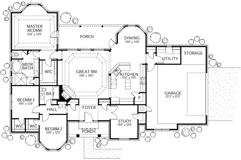 House Blueprint - Floor Plan - Main Floor for Mediterranean House Plan #80-142 - 4 bed, 2 bath