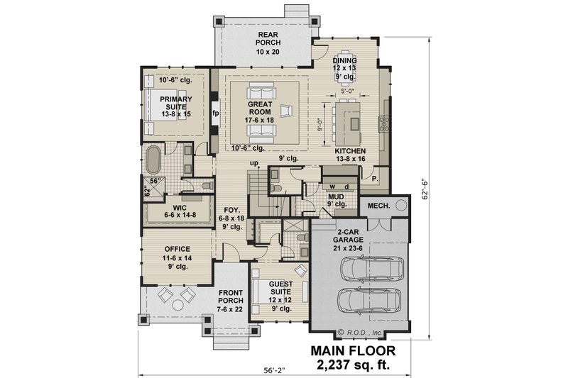 House Blueprint - Floor Plan - Main Floor 1 for Farmhouse House Plan #51-1238 - 2 bed, 2.5 bath