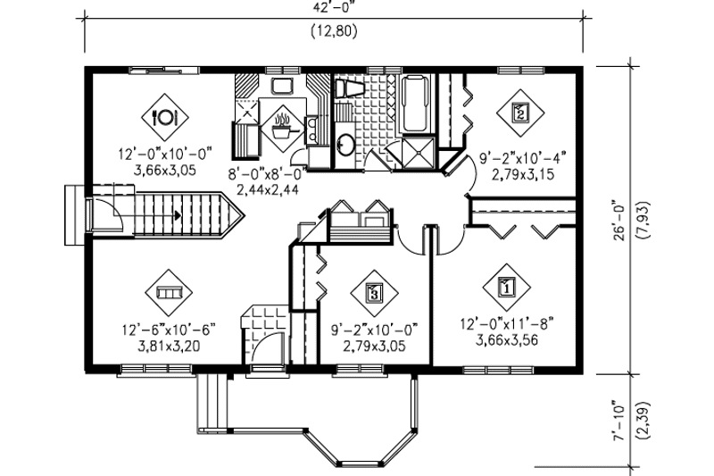 House Blueprint - Floor Plan - Main Floor for Cottage House Plan #25-172 - 3 bed, 1 bath