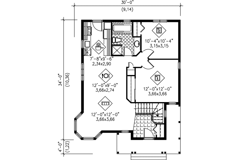 House Blueprint - Floor Plan - Main Floor for Victorian House Plan #25-173 - 2 bed, 1 bath