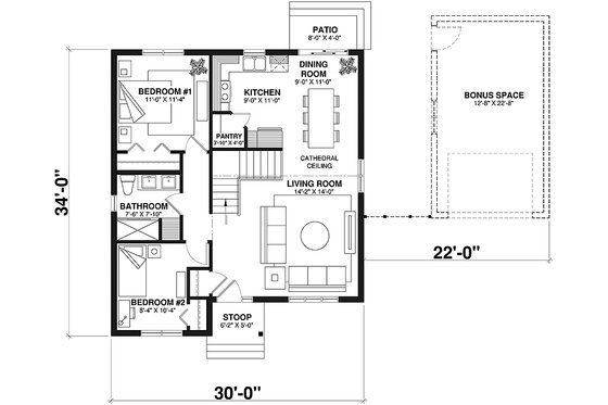 Floor Plan - Main Floor for Cottage House Plan #23-116 - 2 bed, 1 bath