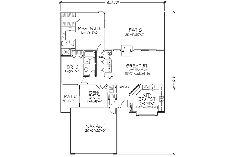 Home Plan - Floor Plan - Main Floor for Prairie House Plan #320-1111 - 2 bed, 2 bath