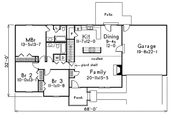 Floor Plan - Main Floor for Ranch House Plan #57-215 - 3 bed, 2 bath