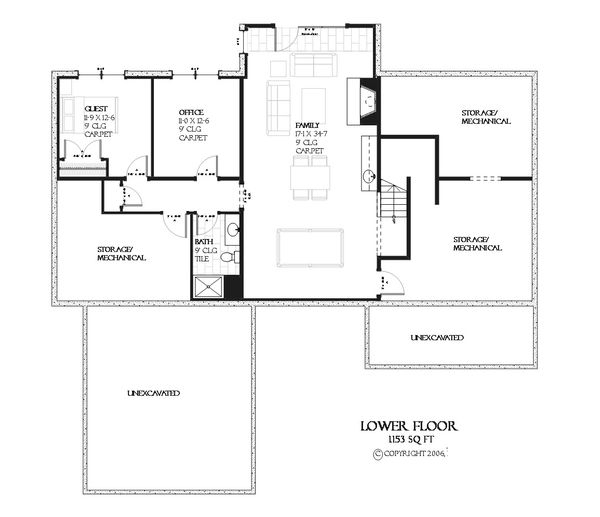 Craftsman style house plan, bungalow design, lower level floor plan