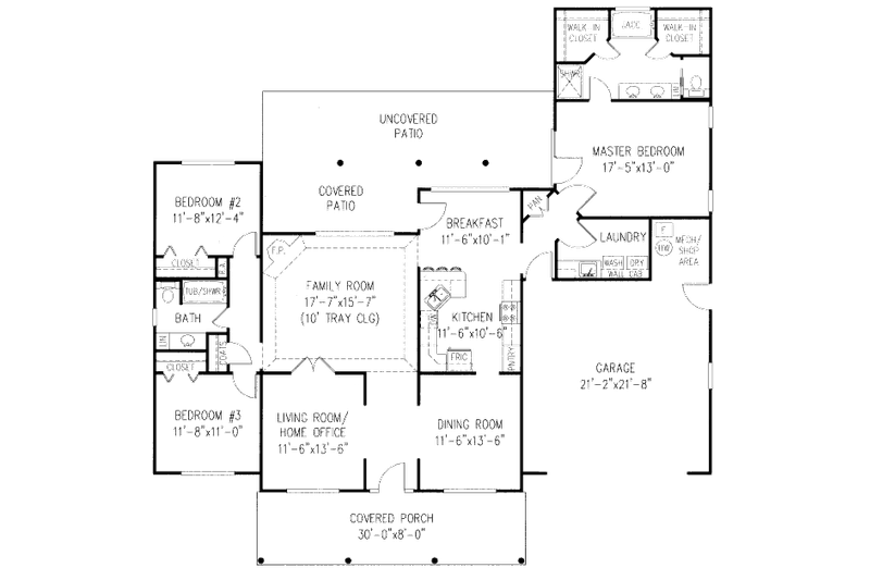 House Blueprint - Floor Plan - Main Floor for Ranch House Plan #11-106 - 3 bed, 2 bath