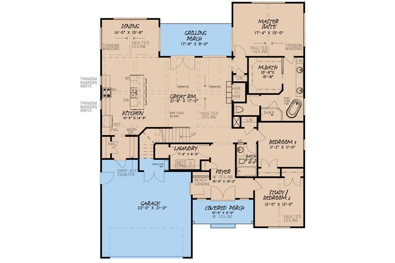 House Blueprint - Floor Plan - Main Floor for Craftsman House Plan #923-159 - 3 bed, 2.5 bath