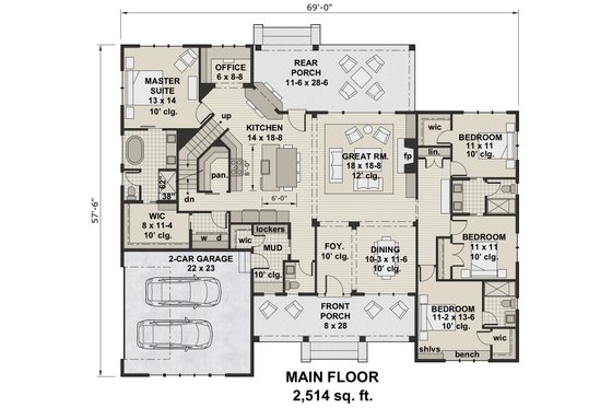 Floor Plan - Main Floor for Farmhouse House Plan #51-1143 - 4 bed, 3.5 bath