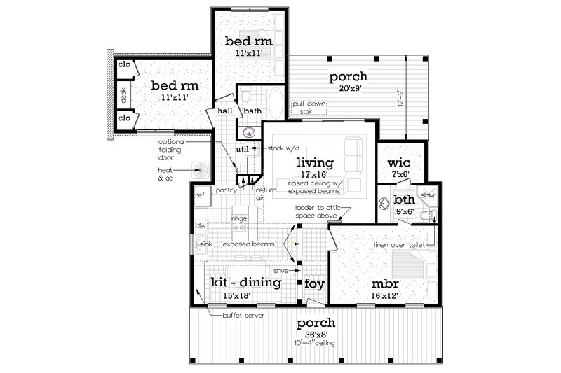 House Blueprint - Floor Plan - Main Floor for Southern House Plan #45-614 - 3 bed, 2 bath