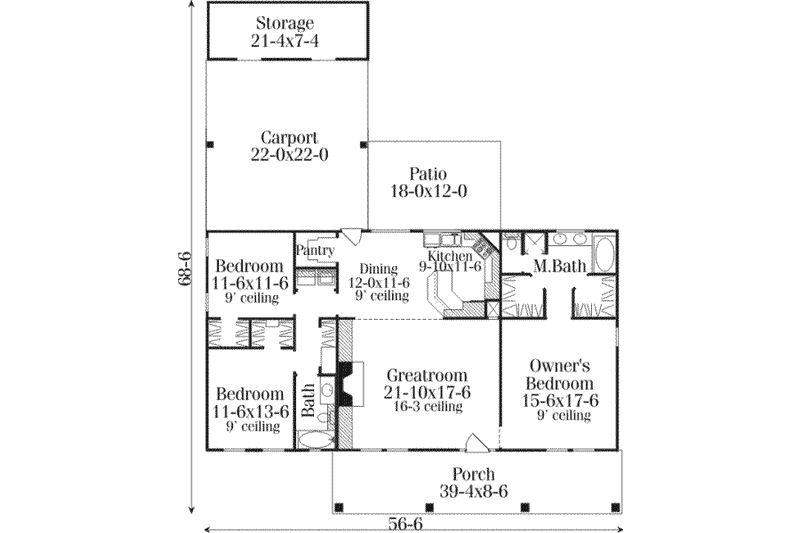 Dream House Plan - Floor Plan - Main Floor for Southern House Plan #406-263 - 3 bed, 2 bath