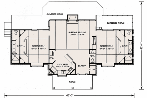 Floor Plan - Main Floor for Ranch House Plan #140-134 - 2 bed, 2.5 bath