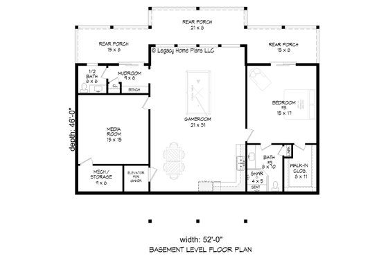 Floor Plan - Lower Floor for Southern House Plan #932-860 - 3 bed, 3.5 bath