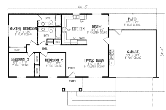 Floor Plan - Main Floor for Adobe / Southwestern House Plan #1-206 - 3 bed, 2 bath