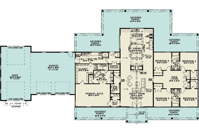 House Blueprint - Floor Plan - Main Floor for Barndominium House Plan #923-367 - 5 bed, 3.5 bath