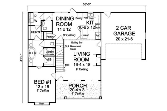Country style, Cottage designed house plan, main level floor plan