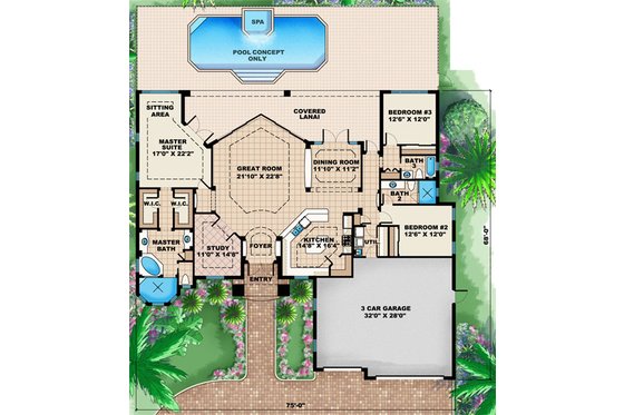 Floor Plan - Main Floor for Mediterranean House Plan #27-438 - 3 bed, 3 bath