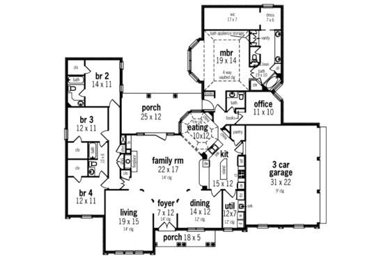 Floor Plan - Main Floor for Southern House Plan #45-330 - 4 bed, 3.5 bath