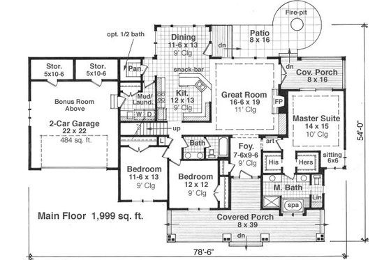Craftsman style house plan, bungalow design, main level floor plan
