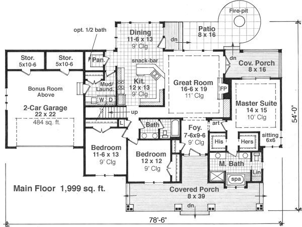 Home Plan - Craftsman style house plan, bungalow design, main level floor plan