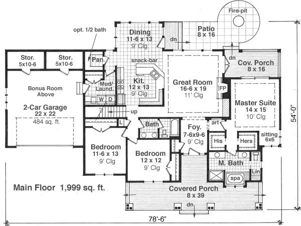 Craftsman style house plan, bungalow design, main level floor plan