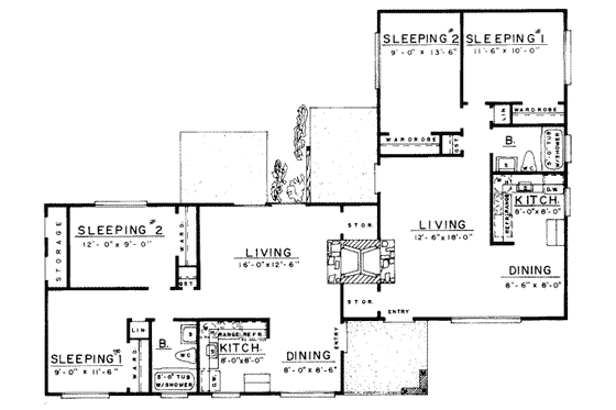 Floor Plan - Main Floor for Ranch House Plan #303-154 - 2 bed, 1 bath