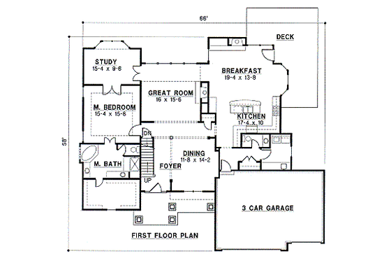 Floor Plan - Main Floor for Traditional House Plan #67-168 - 4 bed, 4 bath
