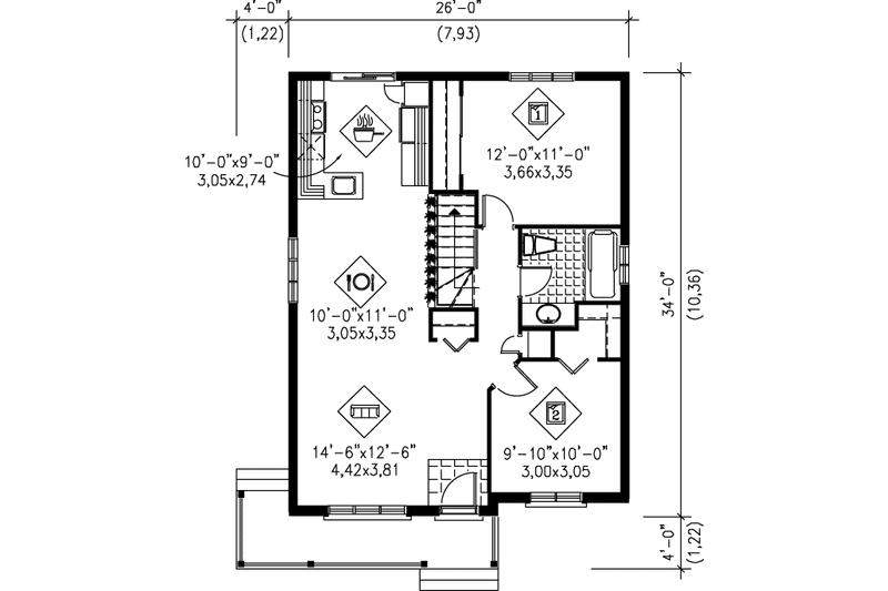 House Blueprint - Floor Plan - Main Floor for Cottage House Plan #25-158 - 2 bed, 1 bath