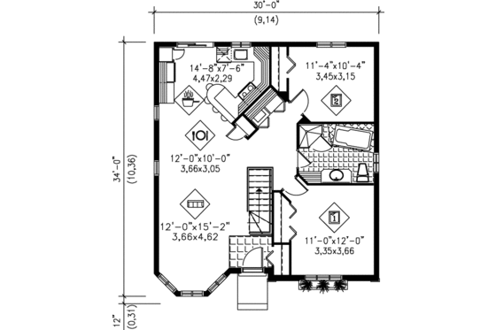 Floor Plan - Main Floor for Cottage House Plan #25-151 - 2 bed, 1 bath