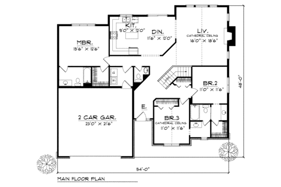 Floor Plan - Main Floor for Traditional House Plan #70-184 - 3 bed, 2.5 bath