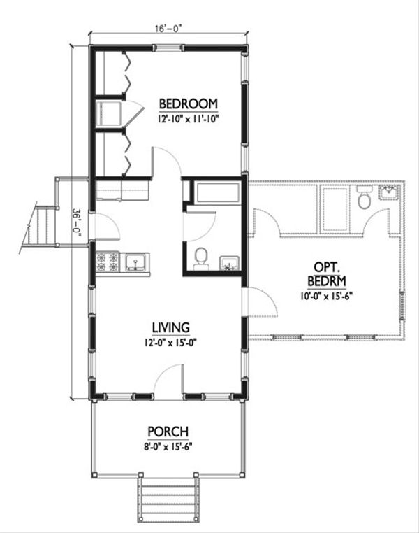 500sft Katrina Cottage floor Plan with optional bedroom houseplans #514-6